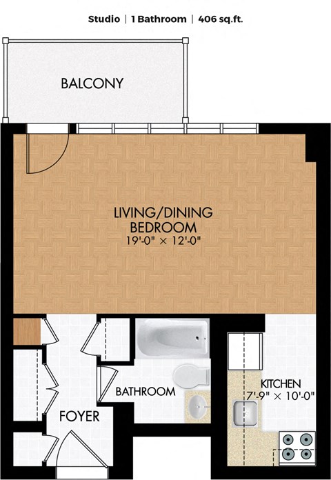 Floor plan for studio, 1 bath, 400 sqft